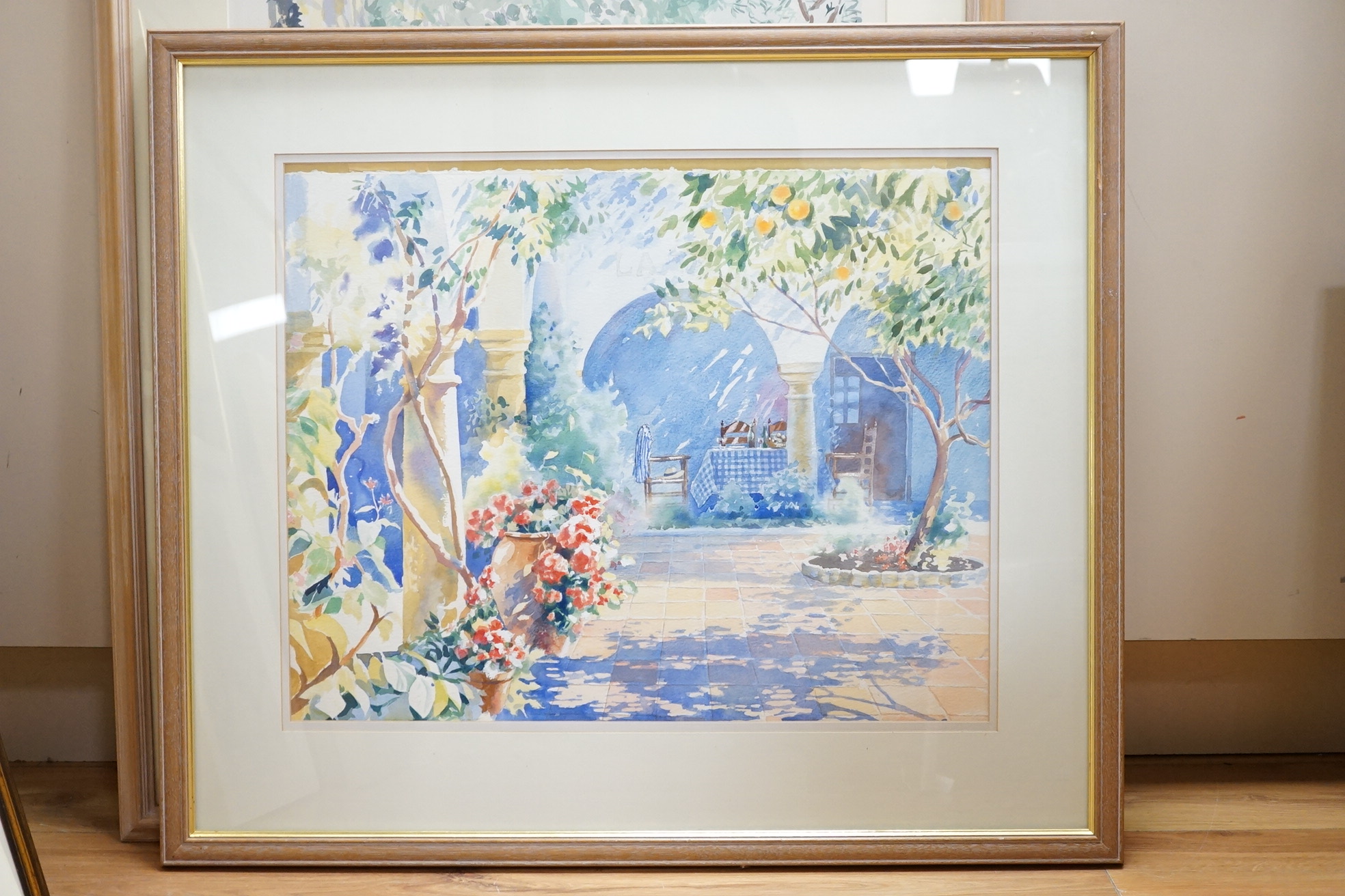 Hazel Soan (b.1954), watercolour, Courtyard with dappled sunlight, signed, together with a colour print, 'Seapenny, Gateway II', artist's proof, largest 55 x 71cm. Condition - good